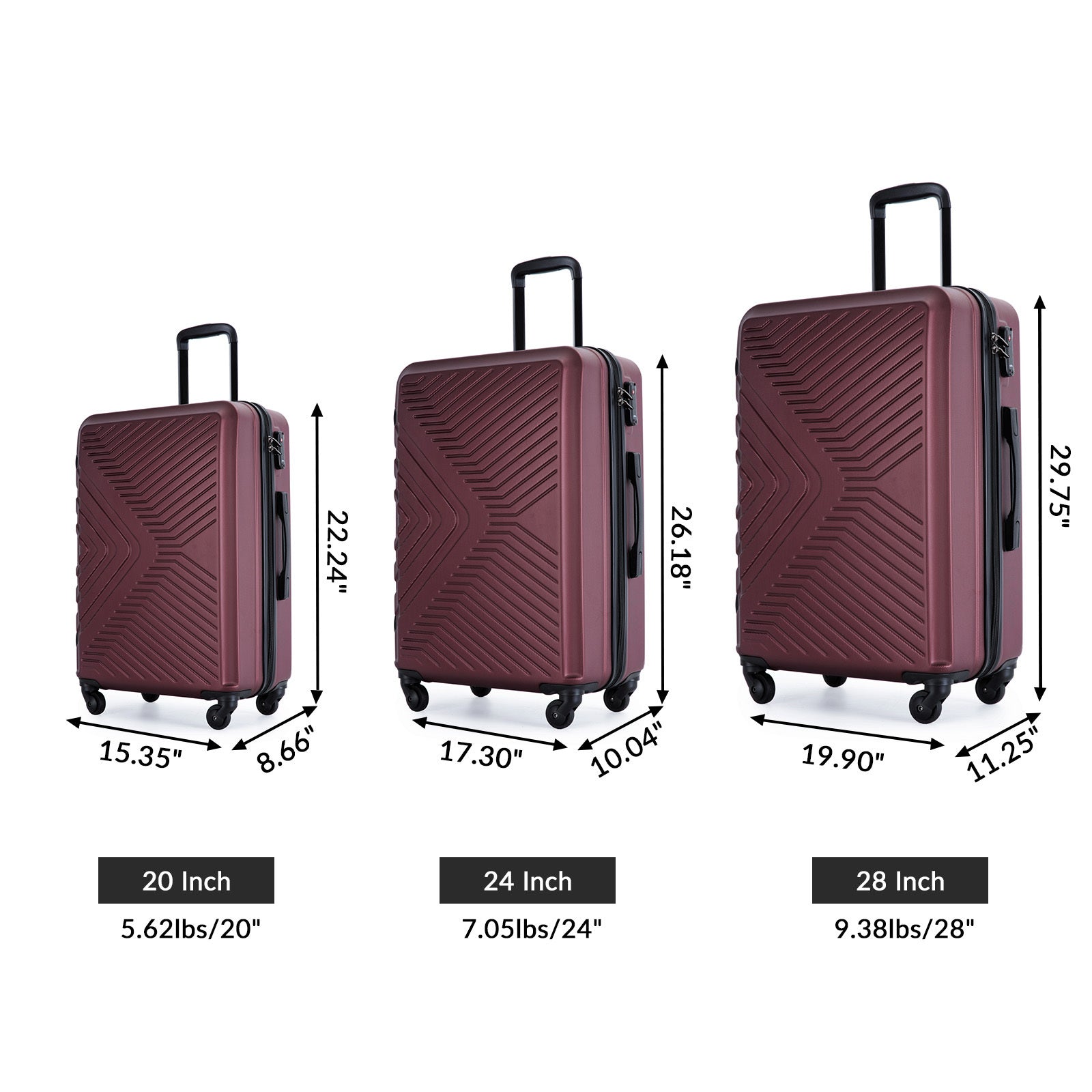 3 Piece Luggage Sets with Two Hooks, Spinner Wheels, TSA Lock, ABS Lightweight Suitcase (20/24/28) - Wine Red