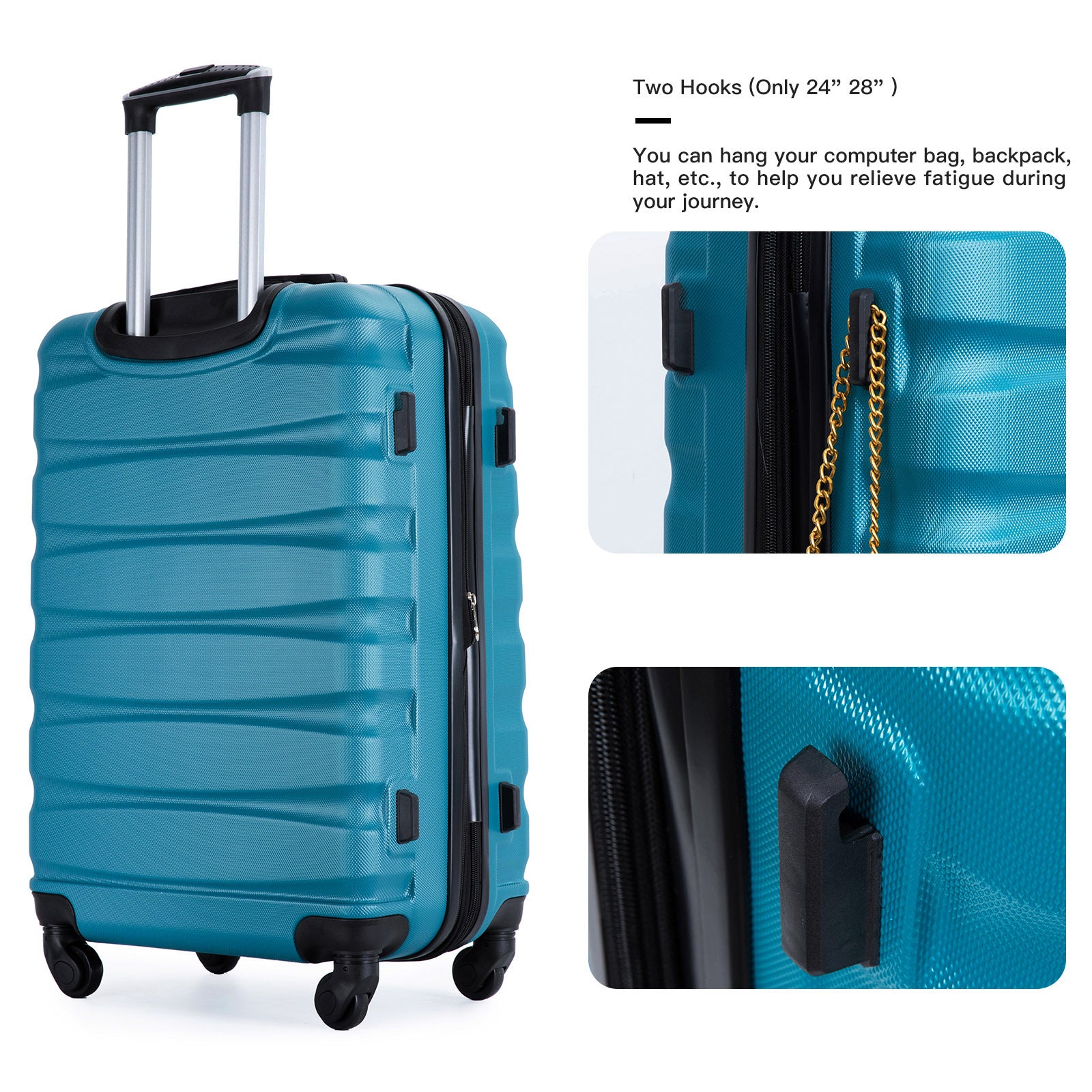 Expandable 3 Piece Luggage Sets with Hooks, Spinner Wheels, TSA Lock, ABS Lightweight Suitcase, Cyan (20/24/28)