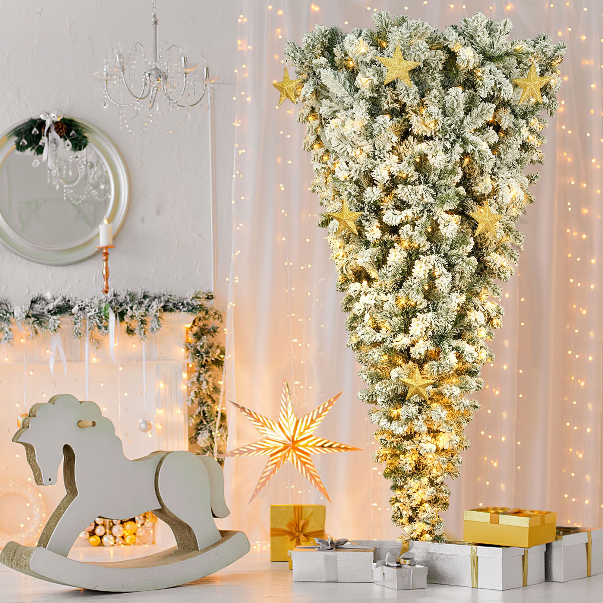 6 FT Upside Down Christmas Tree with White Flocking, 360 LED Warm Lights, and 8 Golden Star Decorations - Unique X-mas Décor