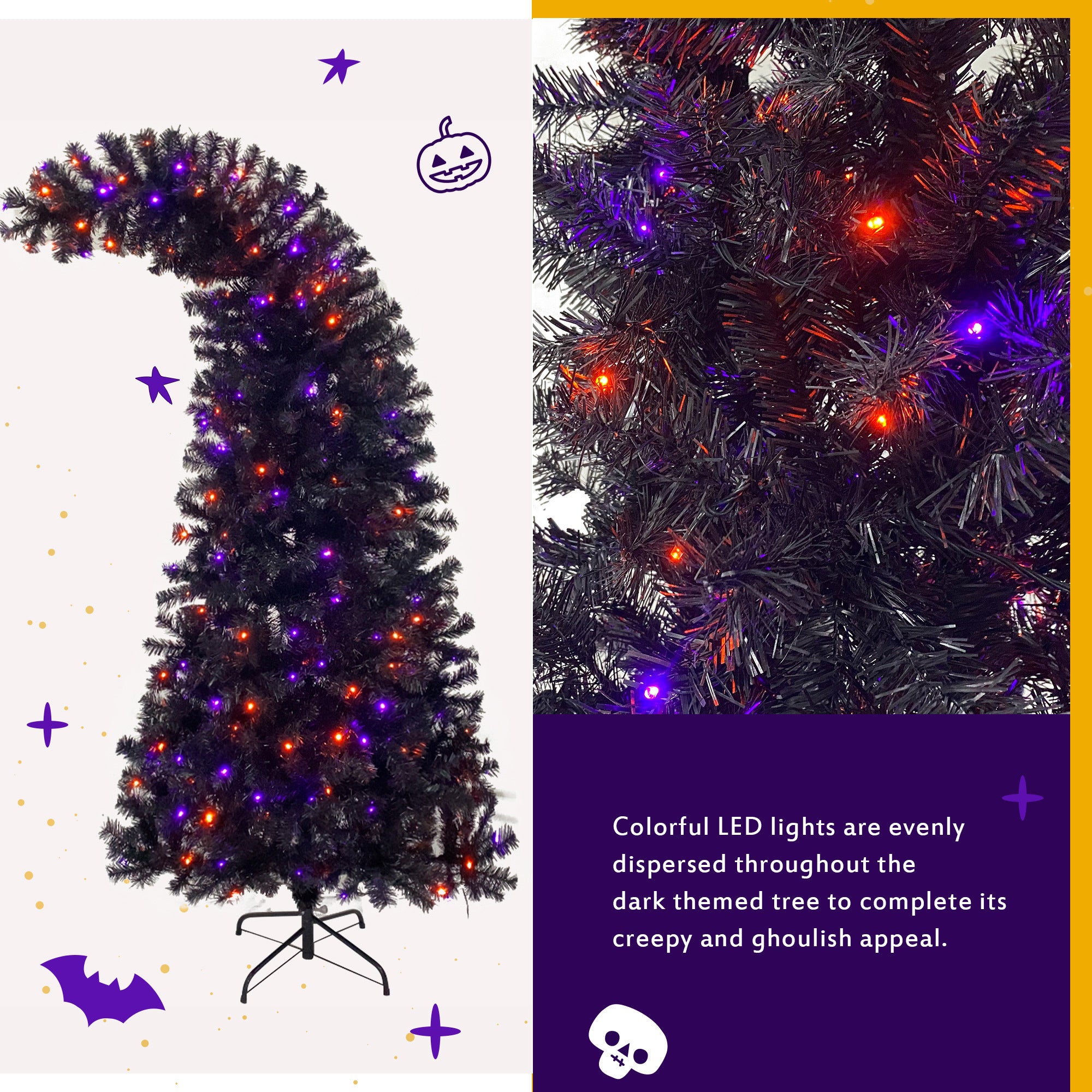 6FT Artificial Fir Bent Top Halloween Christmas Tree - Bendable Grinch Style Holiday Decoration with 1,080 Lush Branch Tips and 300 LED Lights - Xmas Halloween Style (Black/Orange, 6 Feet)