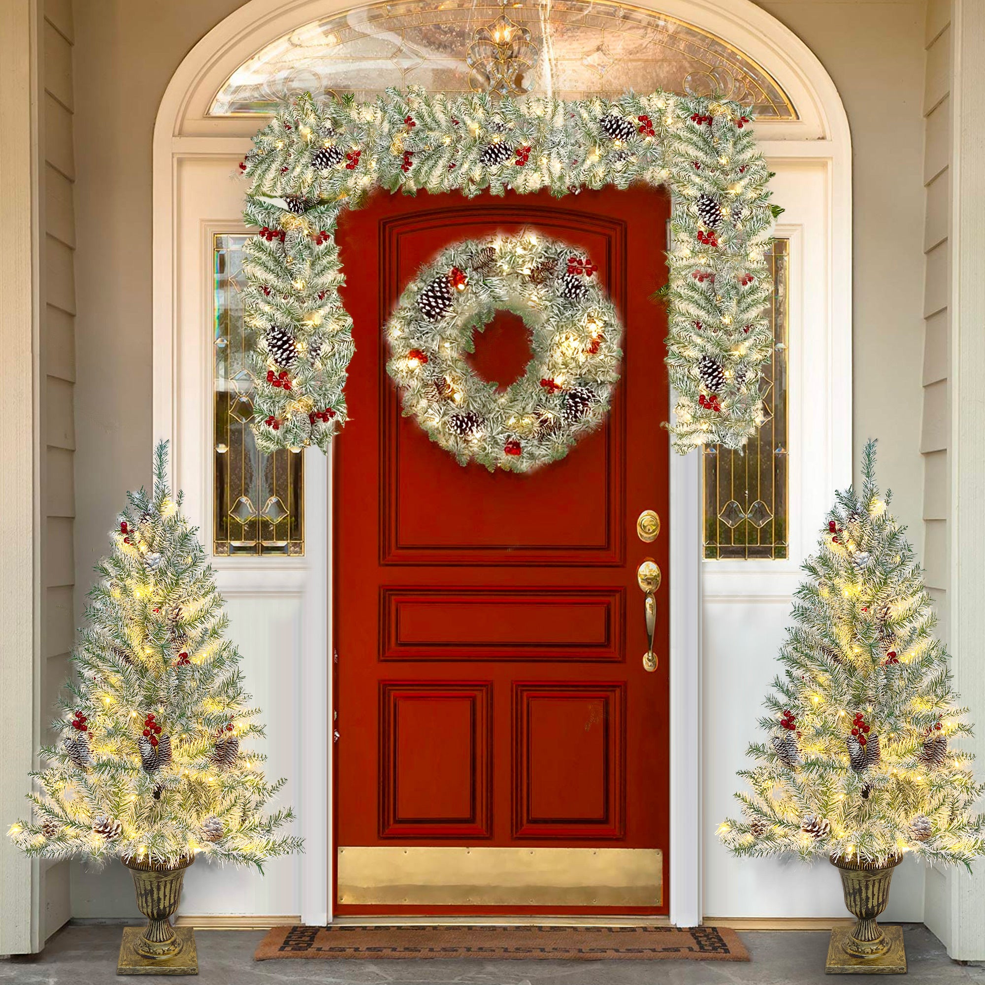 Pre-lit Artificial Christmas Tree Set: Garland, Wreath, and 2 Entrance Trees | Xmas Decor - 4-Piece | Vibrant & Lifelike | Various Colors & Sizes