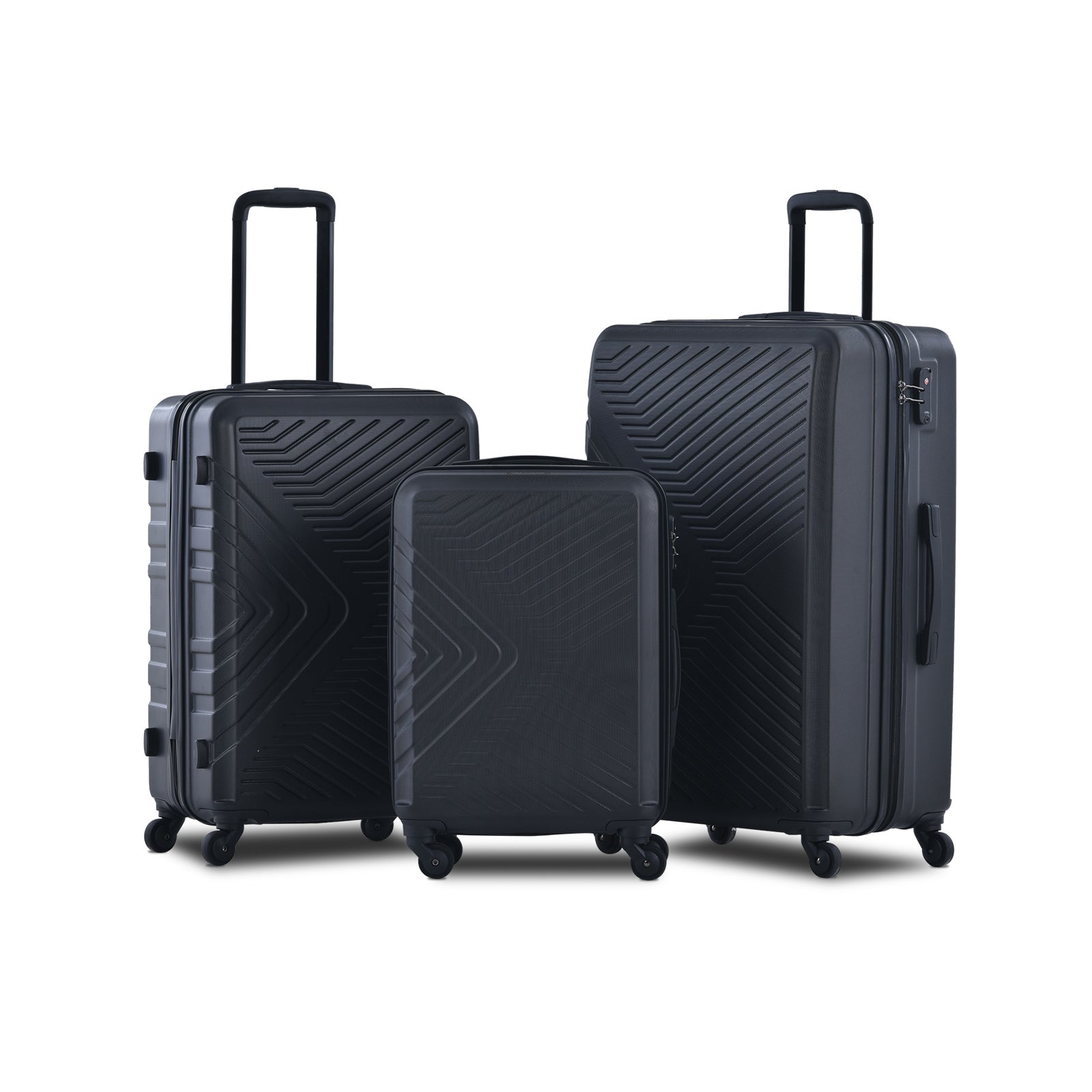 3 Piece Lightweight ABS Luggage Sets with Spinner Wheels, TSA Lock, and Hooks - Black (20/24/28)