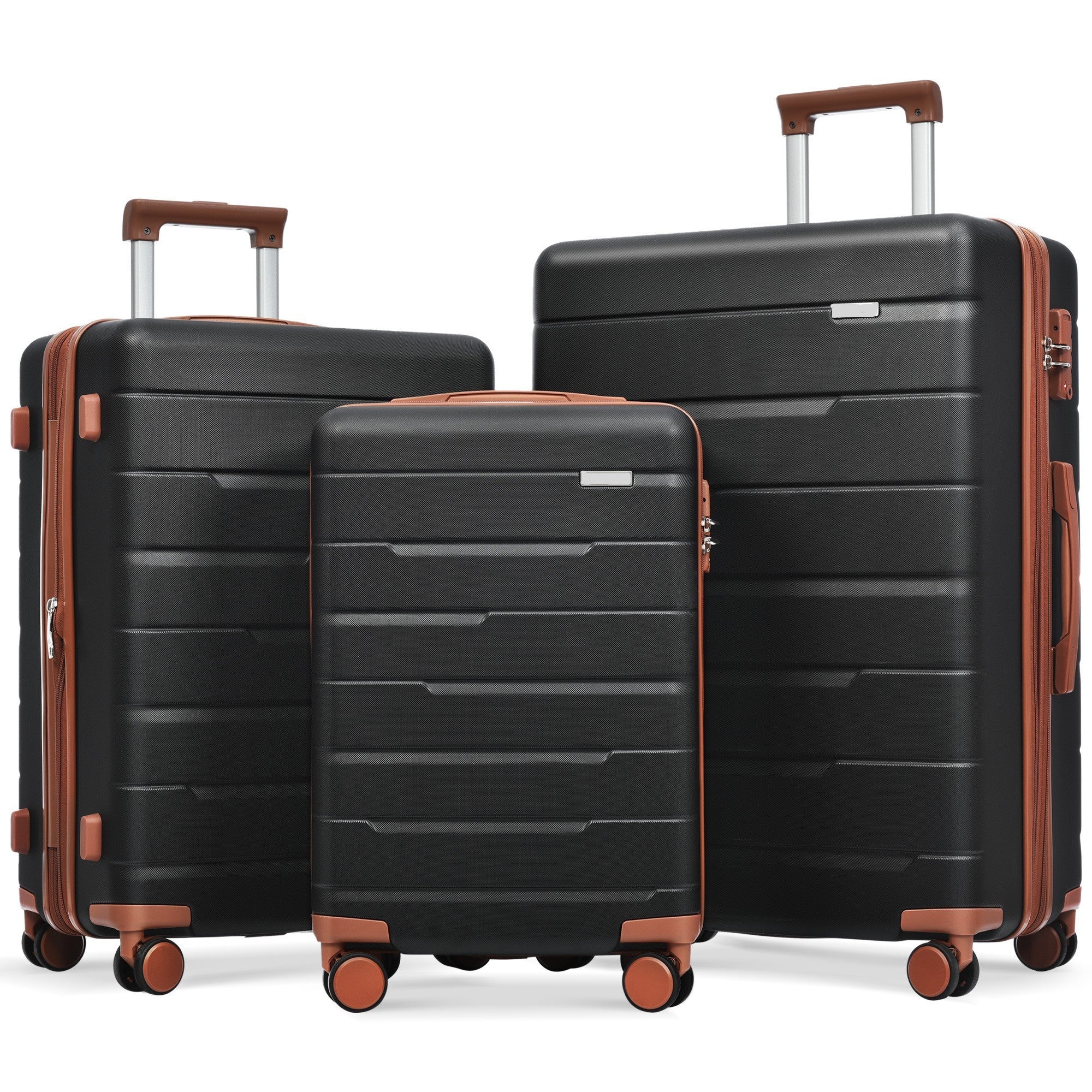 Luggage Sets 3 Piece Suitcase Set, Carry on Luggage Airline Approved, Hard Case with Spinner Wheels - Black/Brown, 20/24/28 Sizes