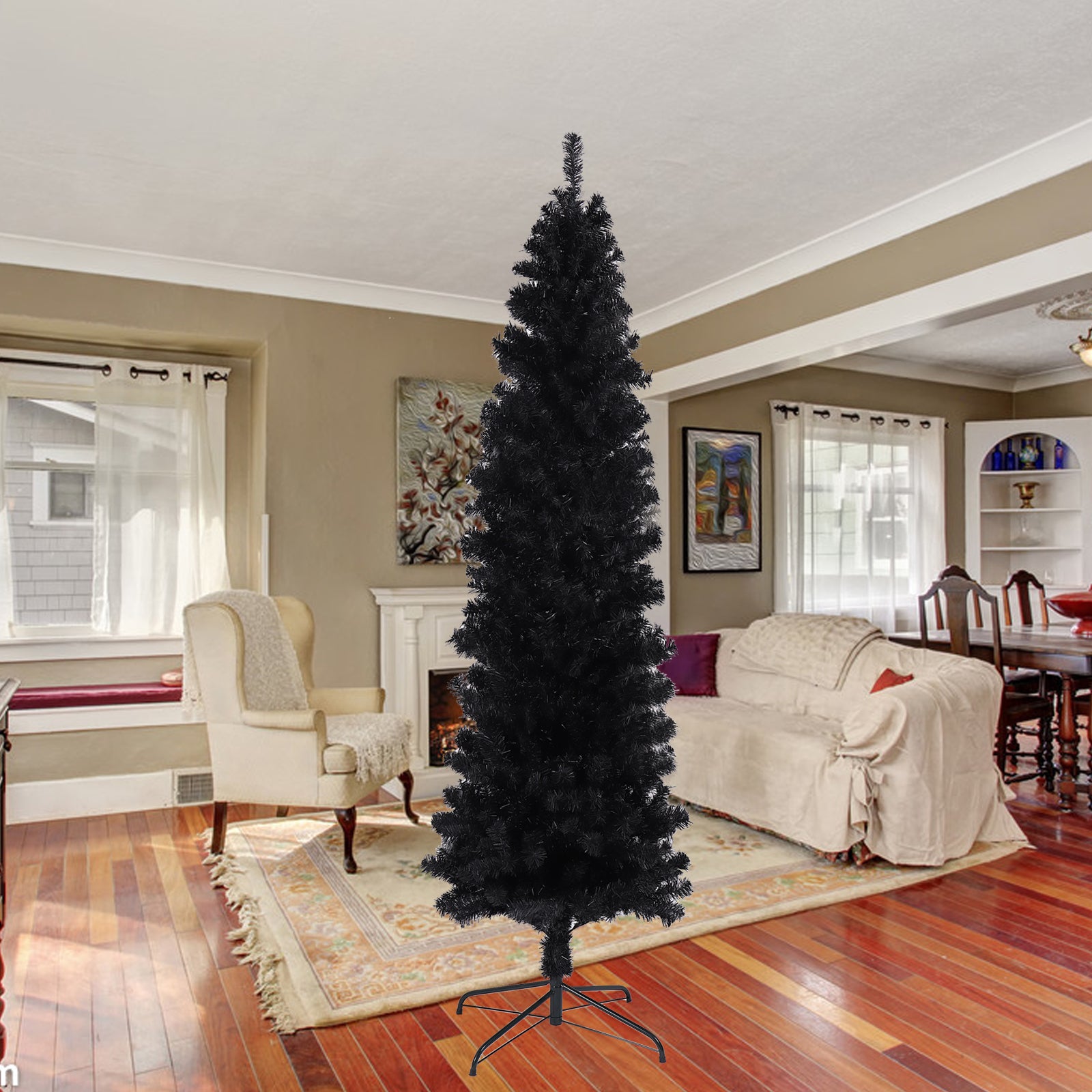 7.5FT Black Slim Artificial Christmas Tree with Foldable Metal Stand - Sleek and Space-Saving Holiday Decor