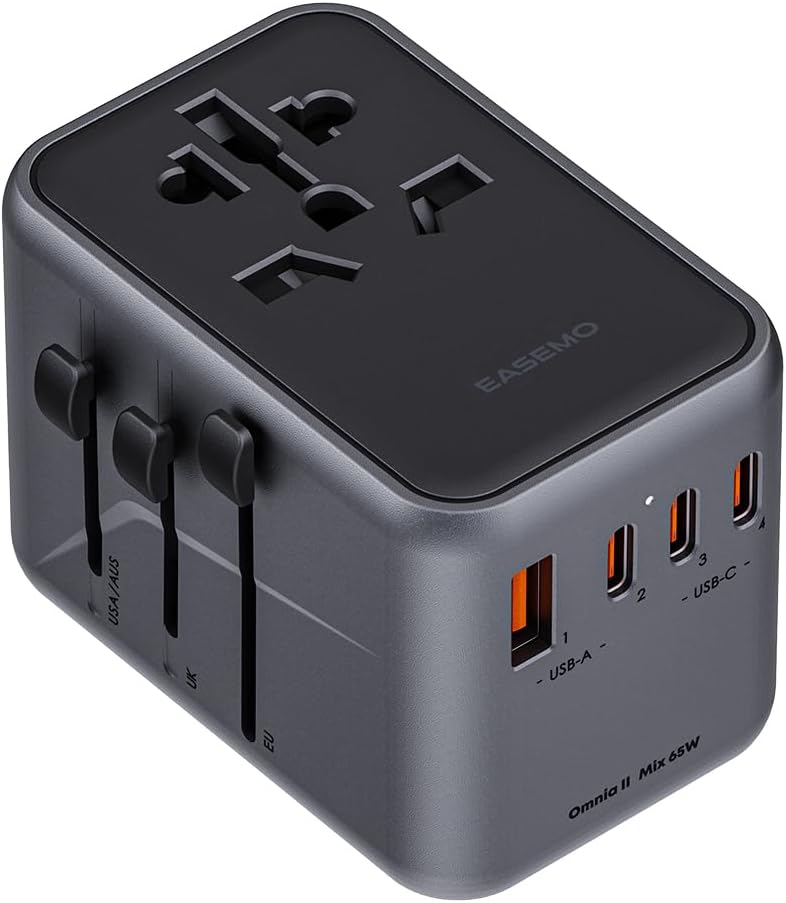 EASEMO Universal Travel Adapter: PD GaN III 65W Wall Charger, 4 USB-C & 1 USB-A Ports, All-in-One Power Plug for Laptop/Tablet/Phone, Worldwide (USA/EU/UK/AU), Compact & Efficient