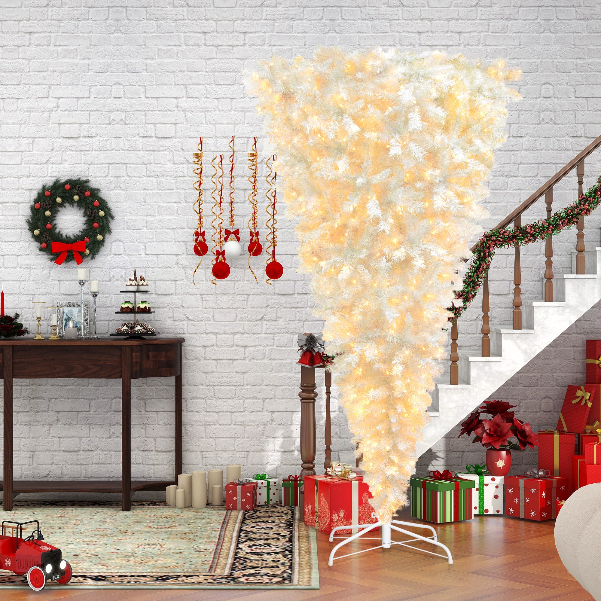 Upside Down White Christmas Tree | 6.6ft, LED Lights, Lush Branch Tips | Reinforced Metal Base & Easy Assembly | 450 Warm White LED Lights X-mas