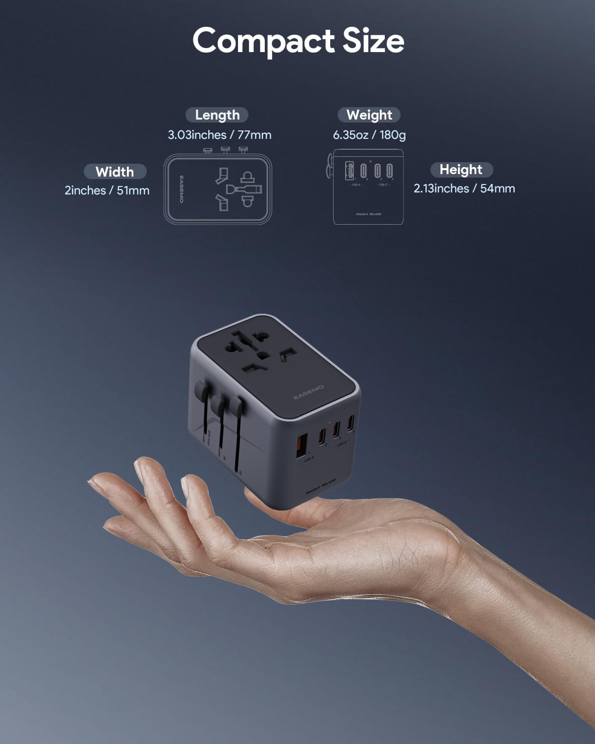 EASEMO Universal Travel Adapter: PD GaN III 65W Wall Charger, 4 USB-C & 1 USB-A Ports, All-in-One Power Plug for Laptop/Tablet/Phone, Worldwide (USA/EU/UK/AU), Compact & Efficient