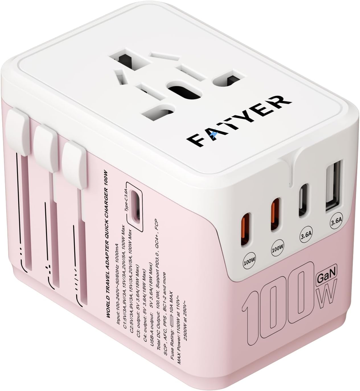 120W Universal Travel Adapter, FATYER GaN Fast Charge, 4 TYP-C and 1 USB-A, Europe/UK/AUS/USA Compatible, All-in-one Wall Charger for Cell Phone Laptops Tablet - Worldwide, Efficient & Compact