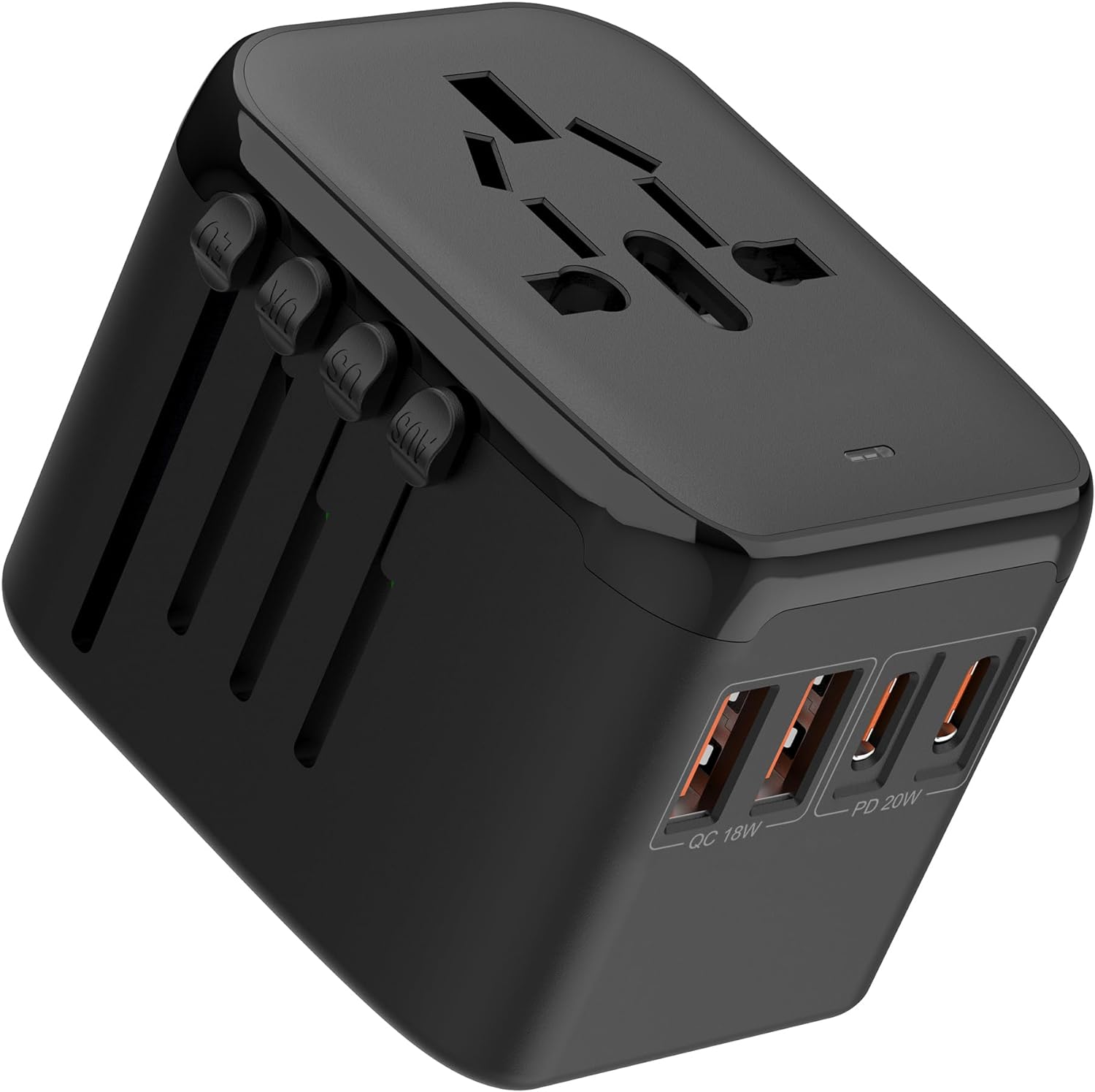 All-in-One International Travel Adapter: Universal European Plug with Fast Charging, Dual USB-C PD and Dual USB-A QC Ports (TR02 Black)