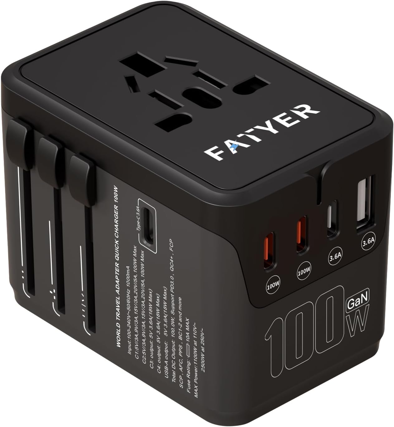 120W Universal Travel Adapter, FATYER GaN Fast Charge, 4 TYP-C and 1 USB-A, Europe/UK/AUS/USA Compatible, All-in-one Wall Charger for Cell Phone Laptops Tablet - Worldwide, Efficient & Compact