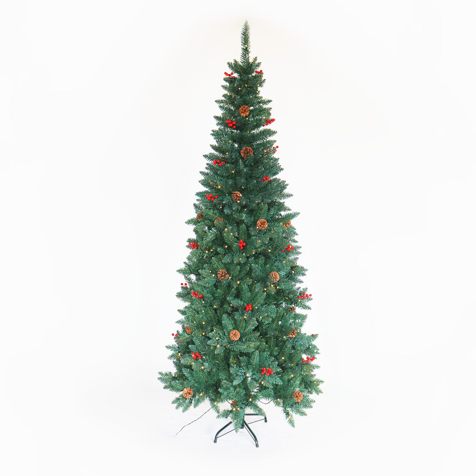 Artificial Slim Christmas Tree Pre-lit Pencil Feel Real Skinny Fir Tree with Cones & Berries 7.5ft Metal Stand