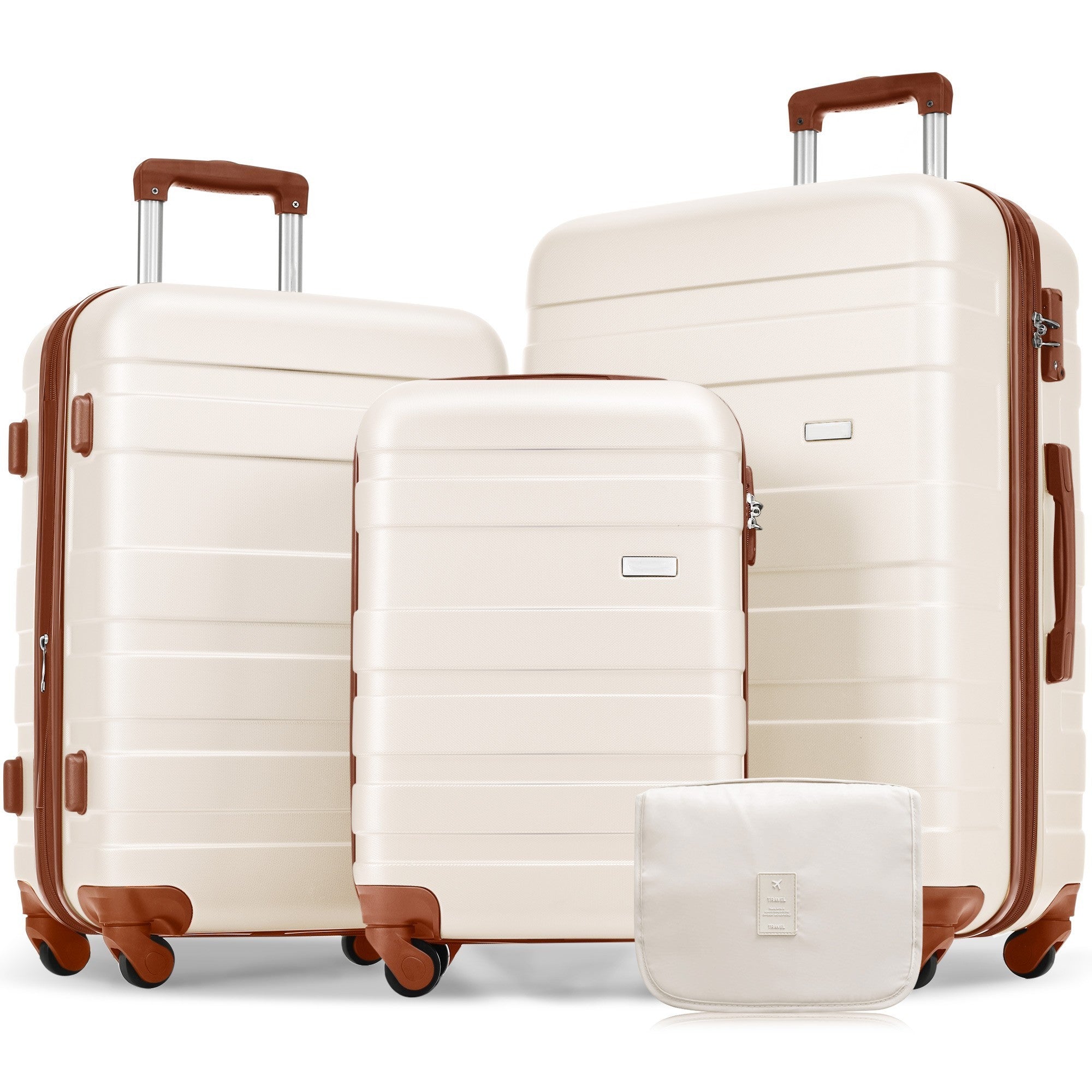 3 Piece Expandable ABS Durable Luggage Set with Hanging Toiletry Bag, Carry On Suitcase - 360° Spinner Wheels, Ivory and Brown