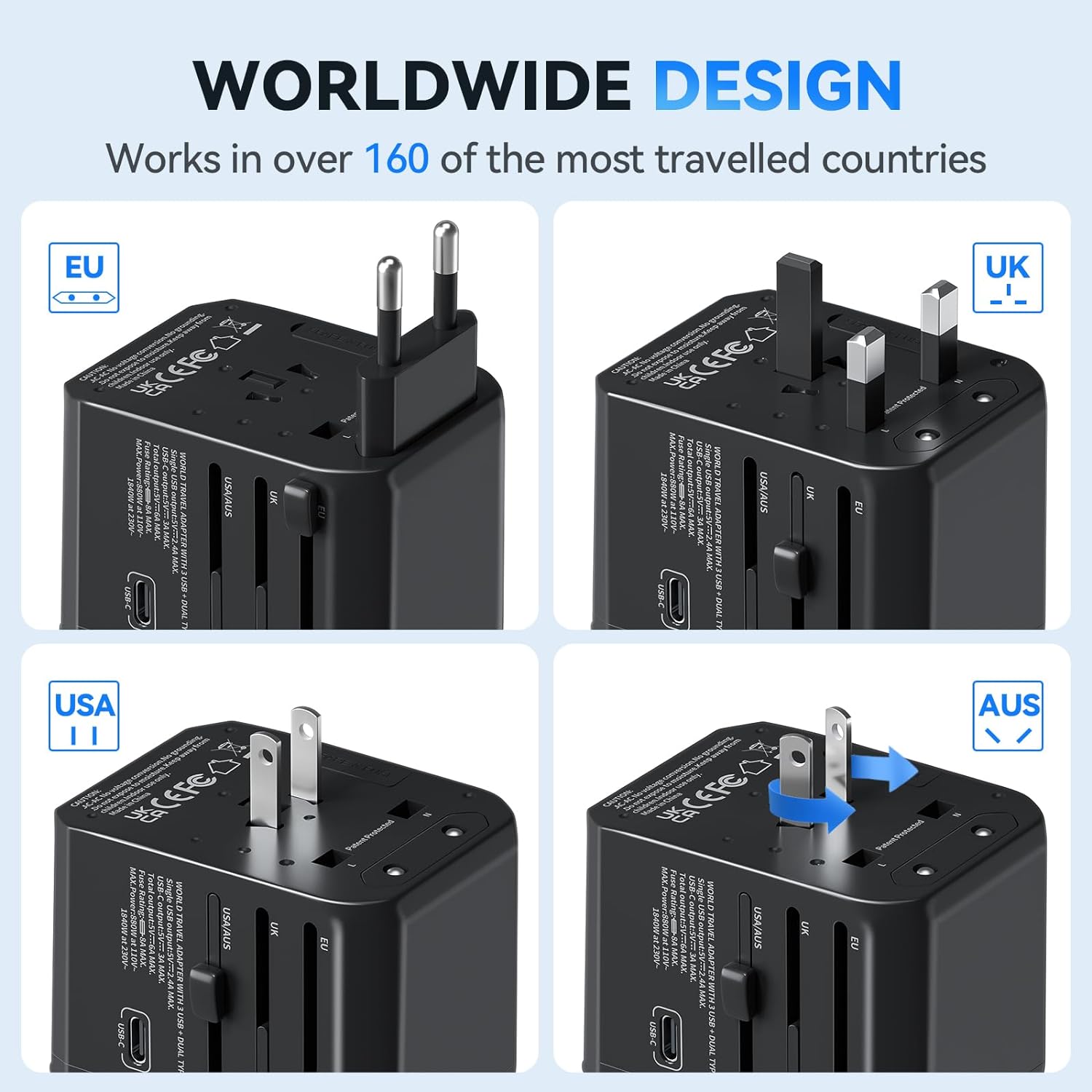 International Power Plug Adapter, Unidapt Universal Travel Adapter with 3 USB C and 2 USB A Ports, European Worldwide Wall Charger for Multiple Regions, Black