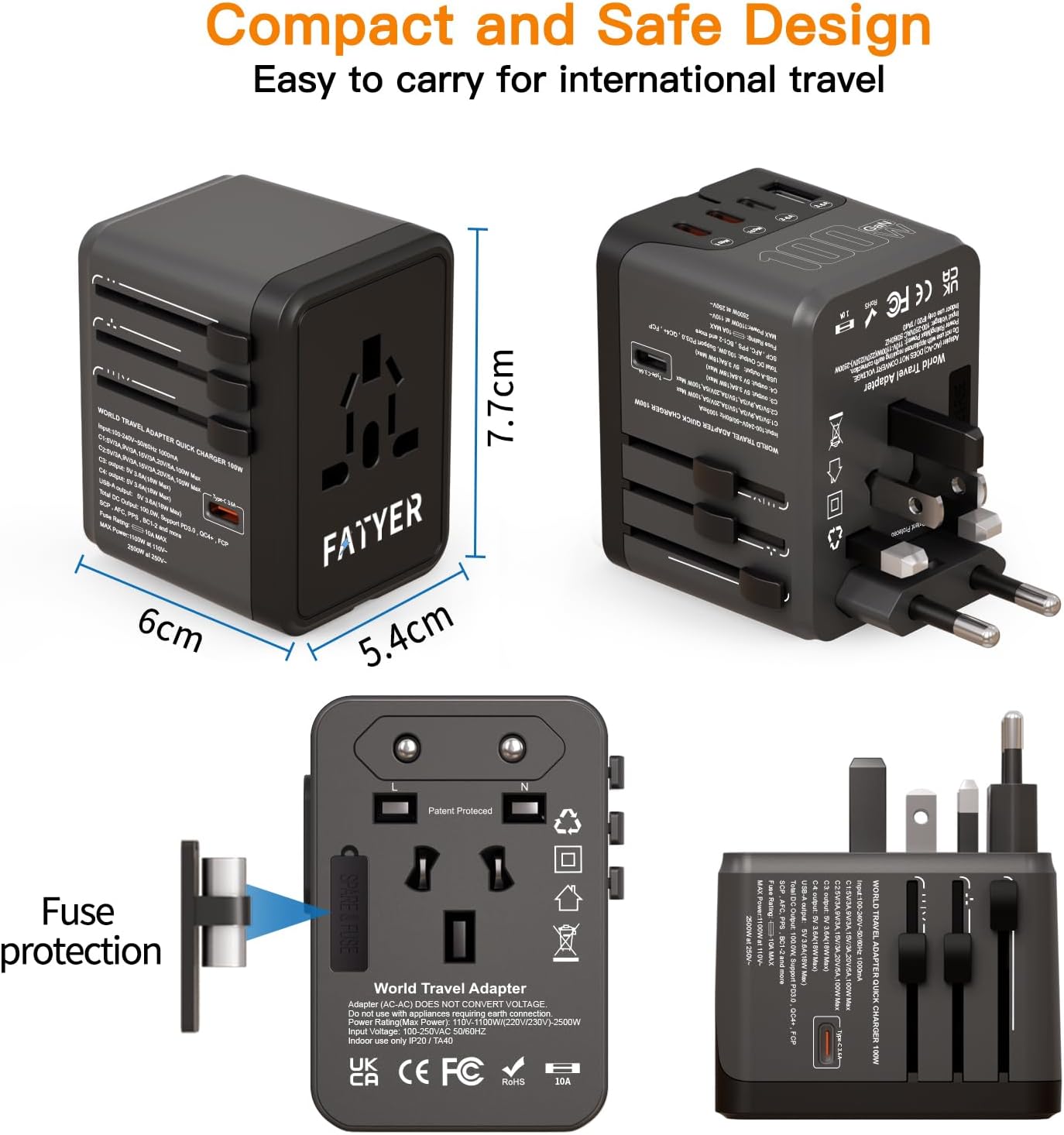 120W Universal Travel Adapter, FATYER GaN Fast Charge, 4 TYP-C and 1 USB-A, Europe/UK/AUS/USA Compatible, All-in-one Wall Charger for Cell Phone Laptops Tablet - Worldwide, Efficient & Compact