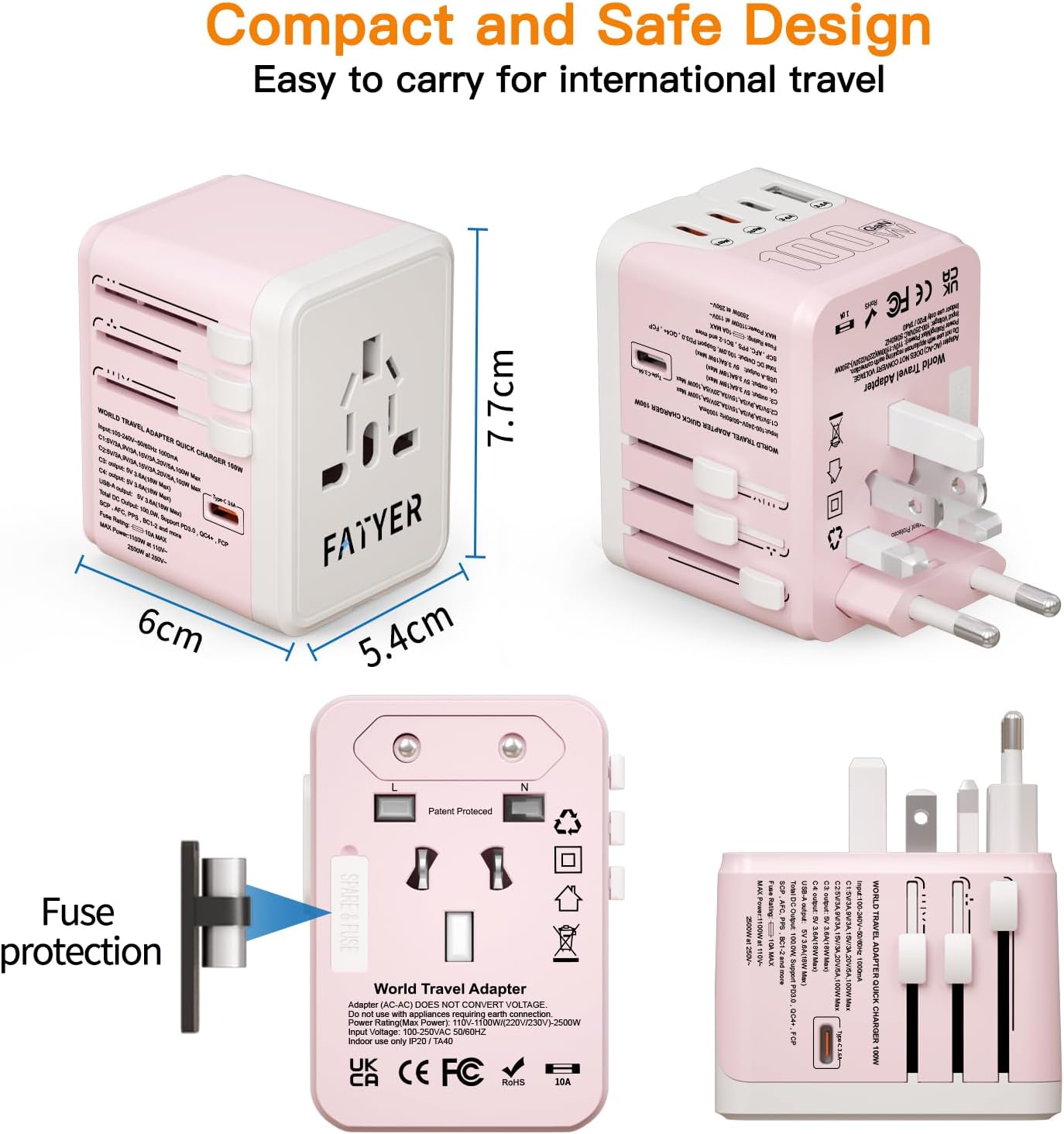 120W Universal Travel Adapter, FATYER GaN Fast Charge, 4 TYP-C and 1 USB-A, Europe/UK/AUS/USA Compatible, All-in-one Wall Charger for Cell Phone Laptops Tablet - Worldwide, Efficient & Compact