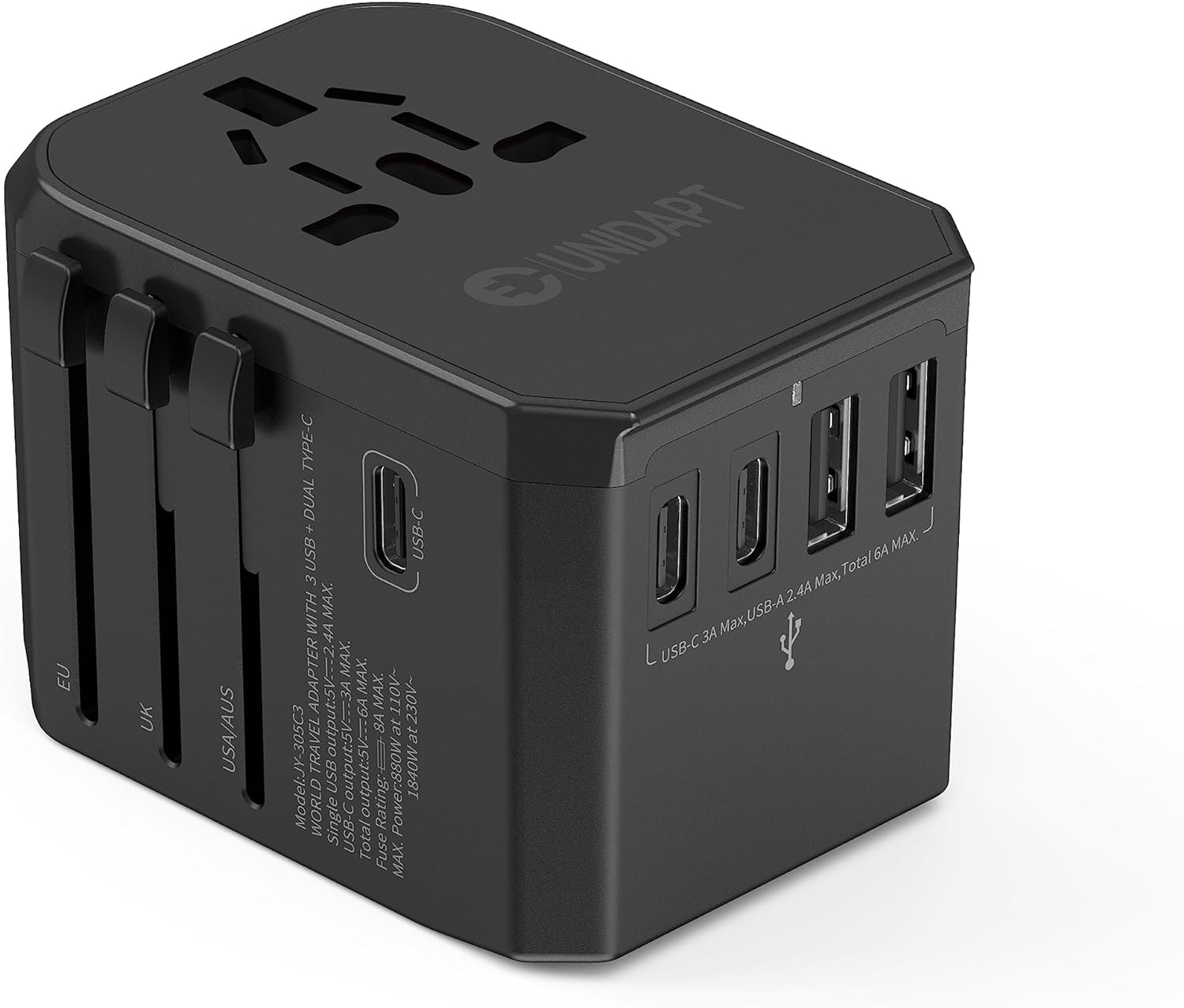 International Power Plug Adapter, Unidapt Universal Travel Adapter with 3 USB C and 2 USB A Ports, European Worldwide Wall Charger for Multiple Regions, Black