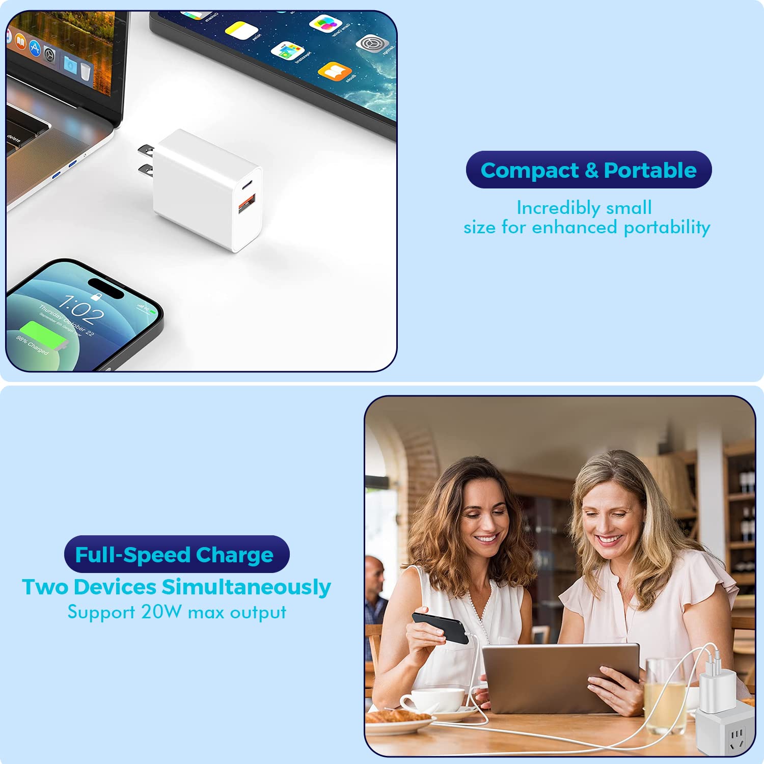 iPhone 15 Charger Block, 2Pack 20W Dual Port PD Fast USB C Wall Charger Adapter + USB A - Efficient Charging Solution for Your iPhone 15 - Compact and Powerful Design - White - 2Pack