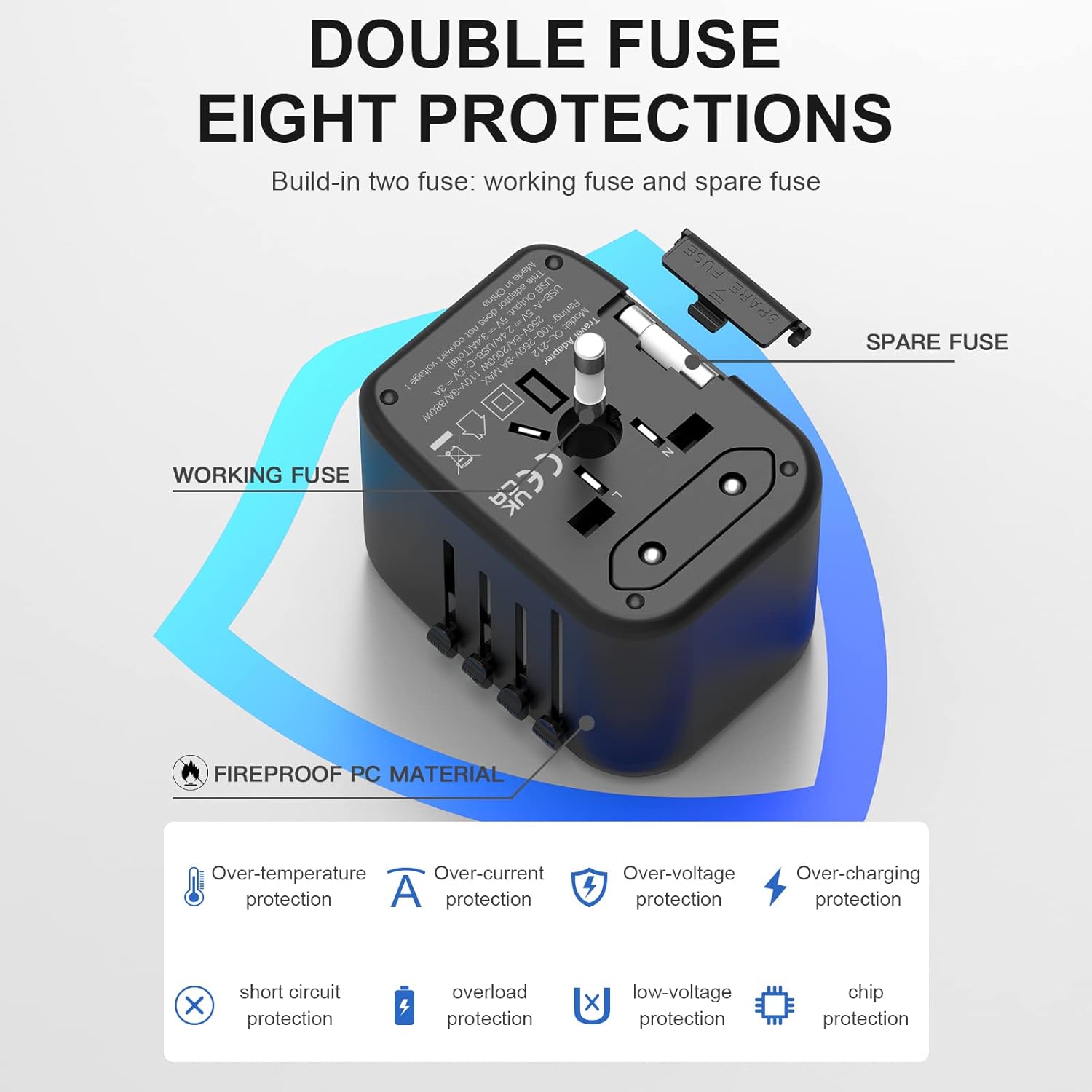 All-in-One International Travel Adapter: Universal European Plug with Fast Charging, Dual USB-C PD and Dual USB-A QC Ports (TR02 Black)