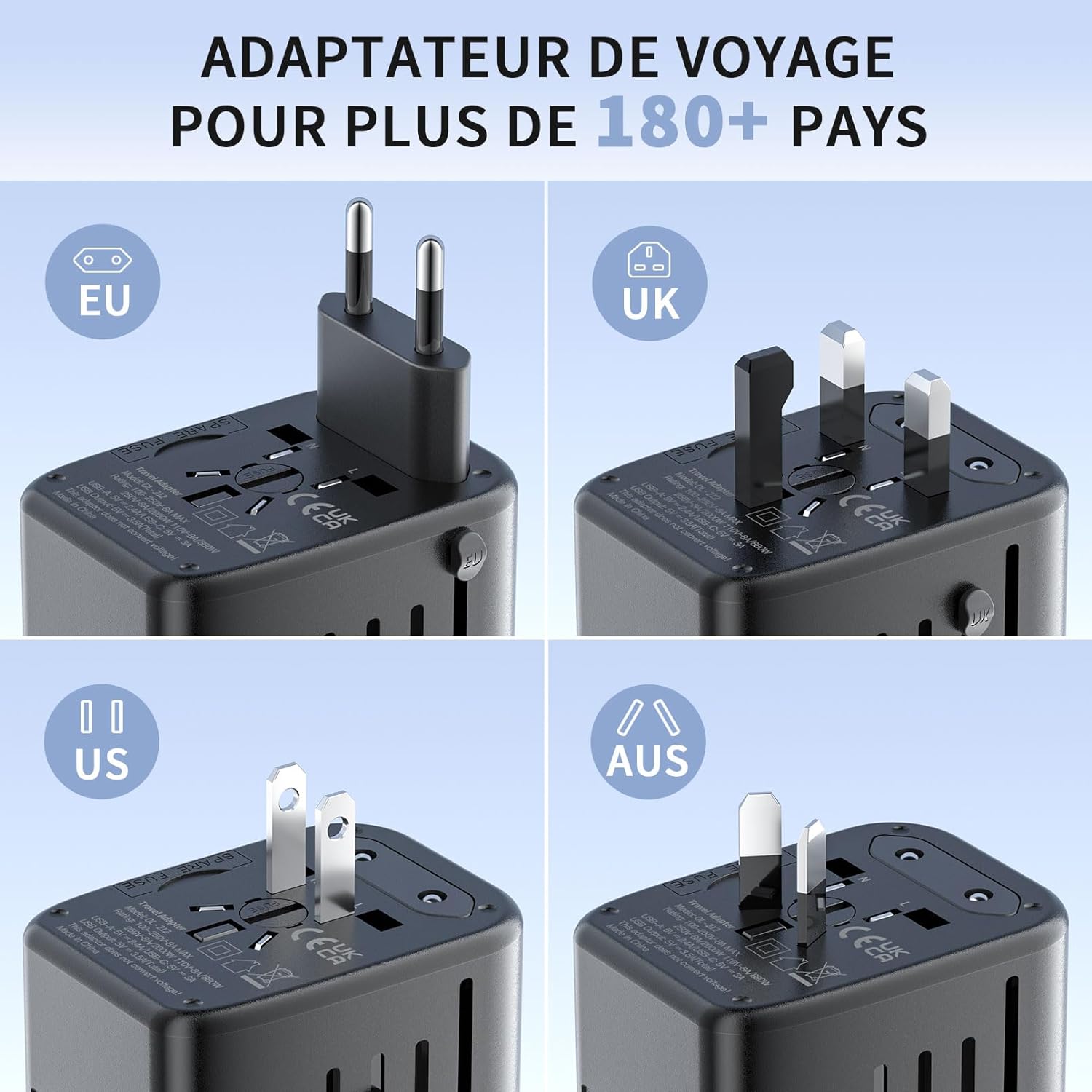 Universal Travel Adapter: European to US Plug Adaptor, 2 USB A and 2 USB C Ports, 1 AC Outlet, Dual 8A Fuses - Compact Design, Ideal for International Travel