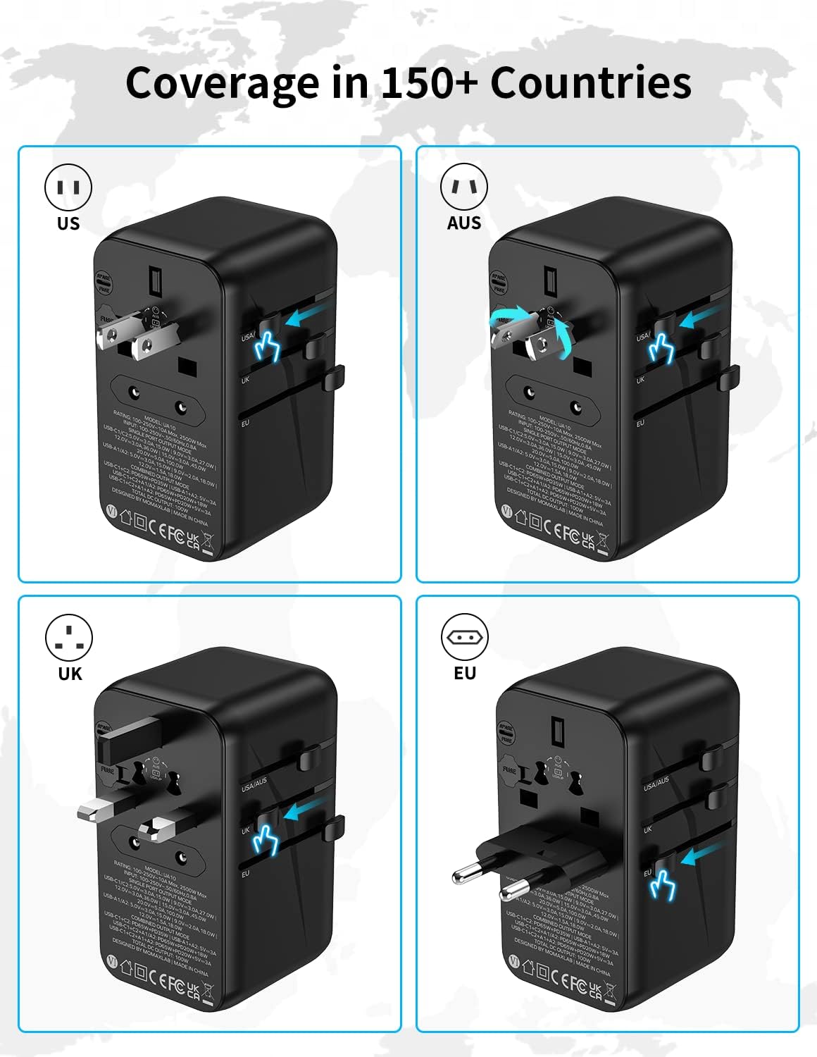 MOMAX 100W Fast GaN International Travel Adapter - Universal Power Adapter for Laptops, Tablets, Phones, and More - 2PD USB-C+2QC USB-A Travel Plug Adapter - US, UK, EU, AU Universal Charger Adapter