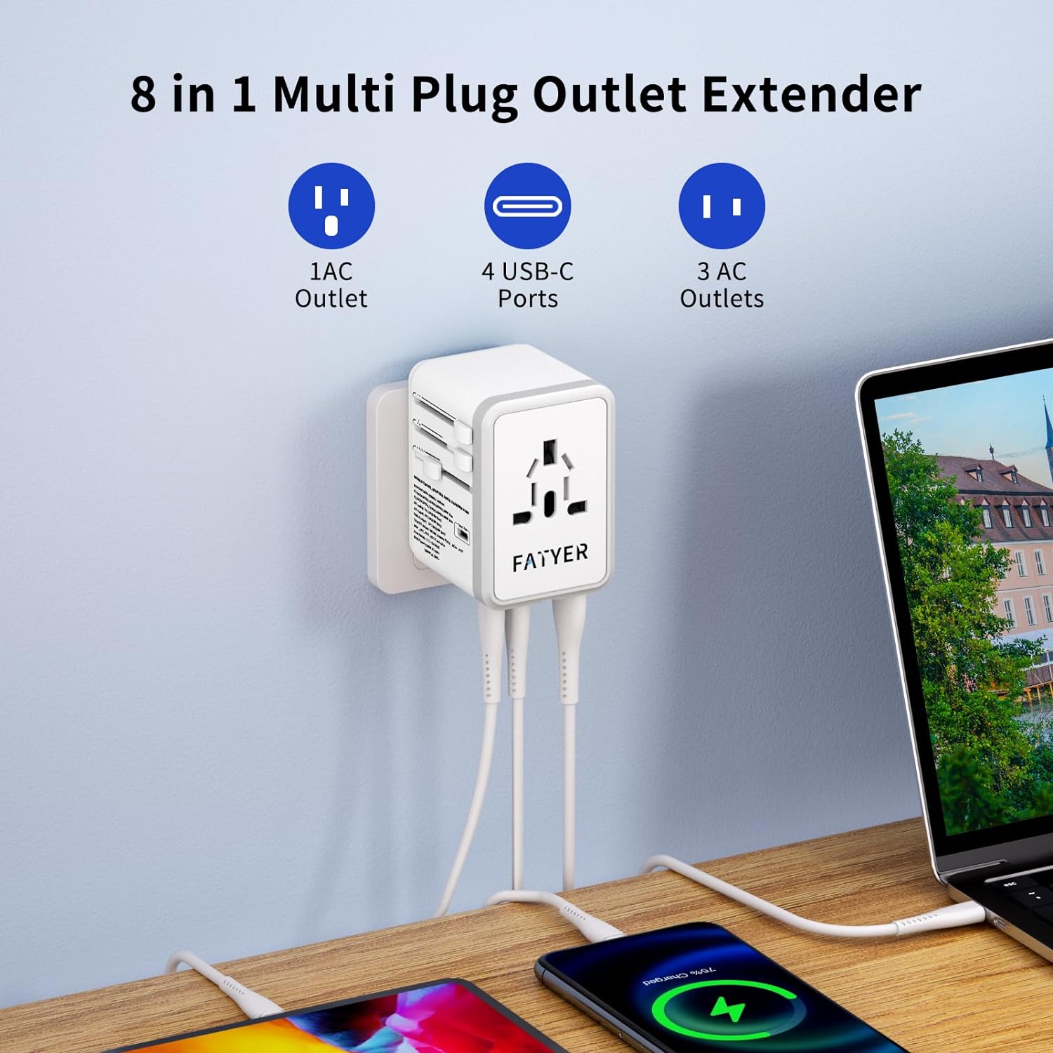 120W Universal Travel Adapter, FATYER GaN Fast Charge, 4 TYP-C and 1 USB-A, Europe/UK/AUS/USA Compatible, All-in-one Wall Charger for Cell Phone Laptops Tablet - Worldwide, Efficient & Compact