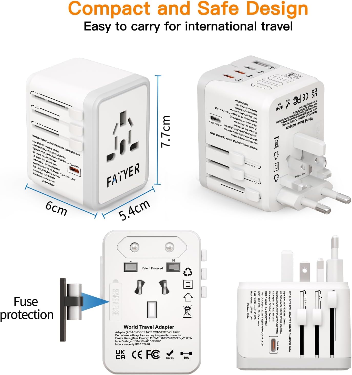 120W Universal Travel Adapter, FATYER GaN Fast Charge, 4 TYP-C and 1 USB-A, Europe/UK/AUS/USA Compatible, All-in-one Wall Charger for Cell Phone Laptops Tablet - Worldwide, Efficient & Compact