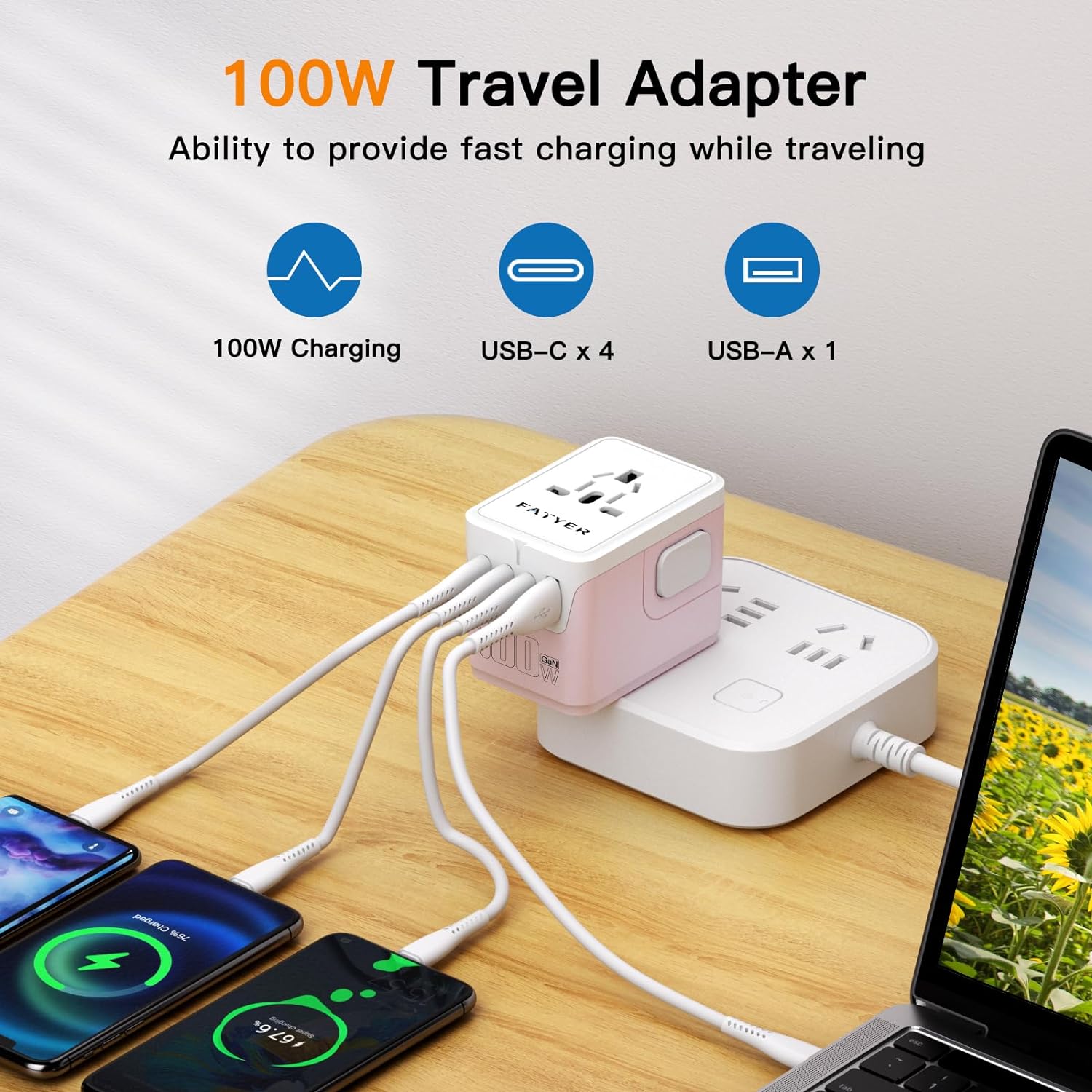 120W Universal Travel Adapter, FATYER GaN Fast Charge, 4 TYP-C and 1 USB-A, Europe/UK/AUS/USA Compatible, All-in-one Wall Charger for Cell Phone Laptops Tablet - Worldwide, Efficient & Compact