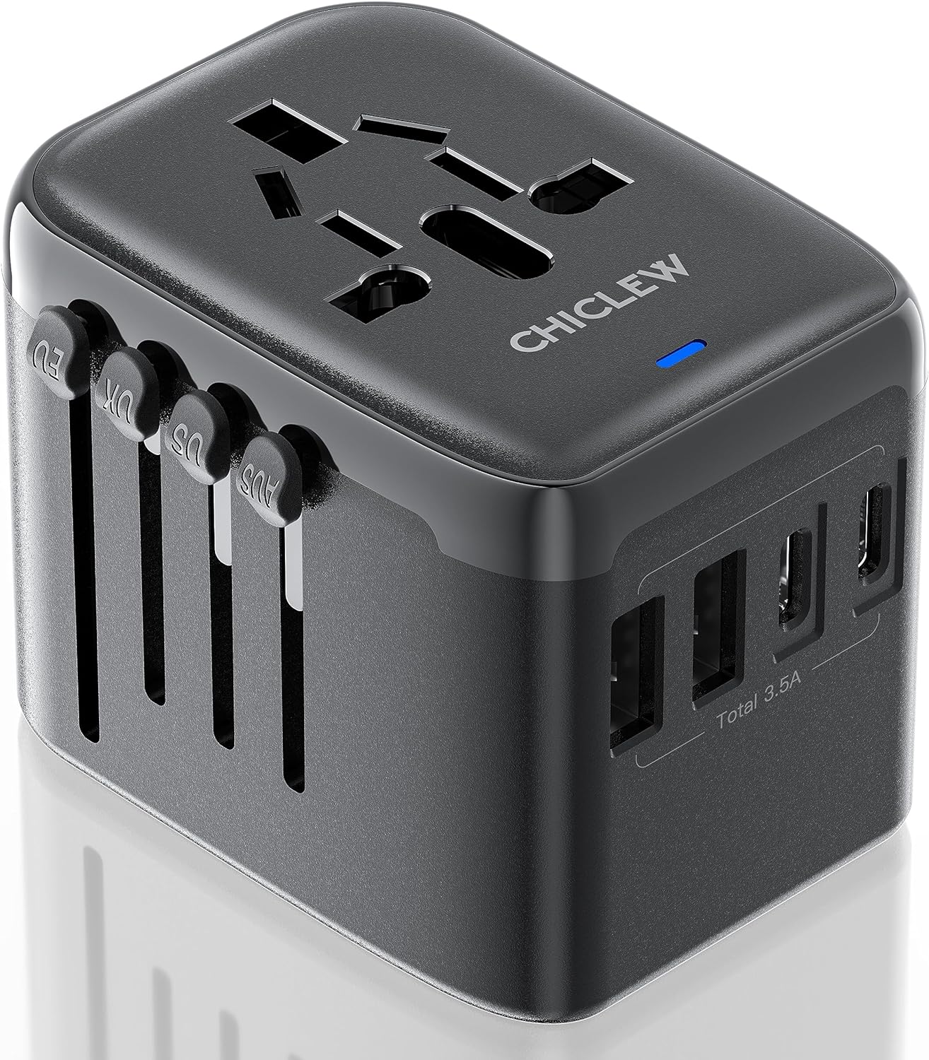 Universal Travel Adapter: European to US Plug Adaptor, 2 USB A and 2 USB C Ports, 1 AC Outlet, Dual 8A Fuses - Compact Design, Ideal for International Travel