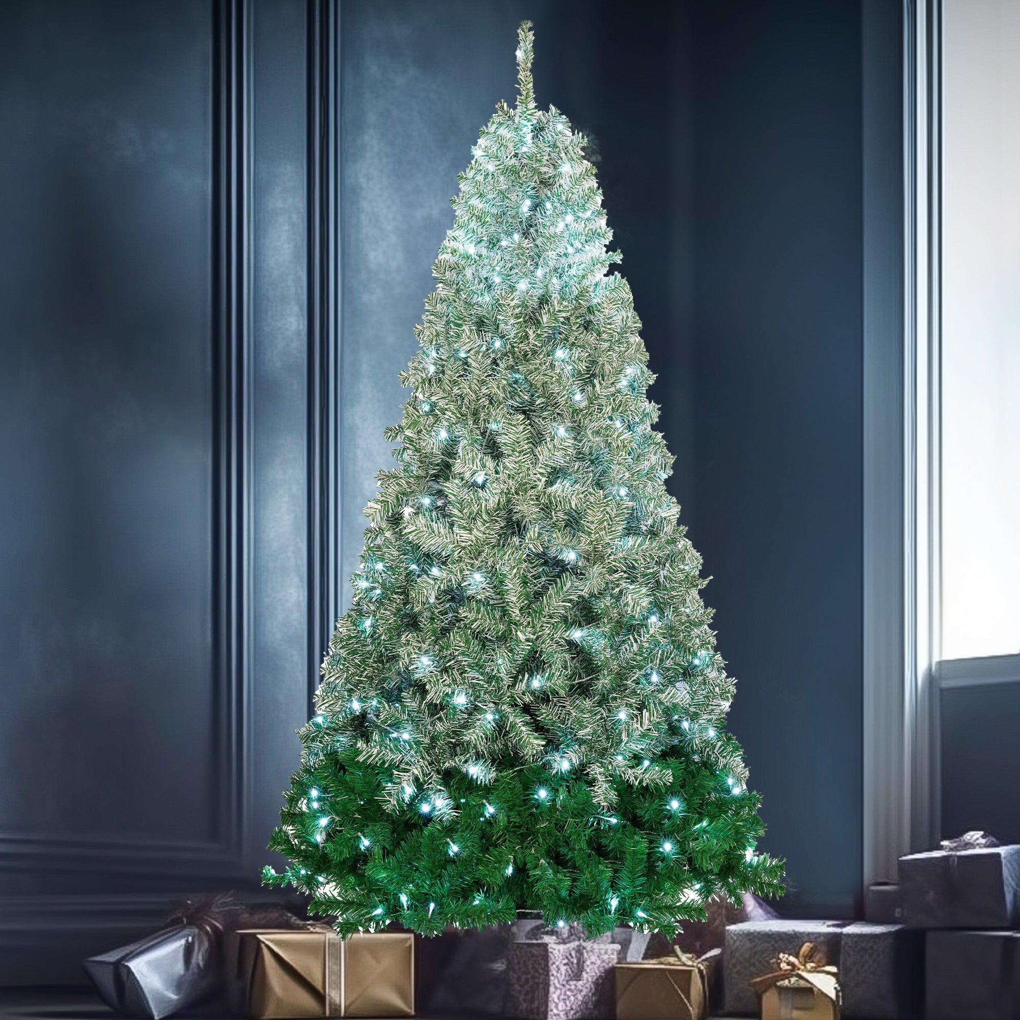 7.6 FT Classic Pine Tree Shape Christmas Tree with Gradient PVC Foliage Design, 300 Cool White LED Lights, Sturdy Iron Frame