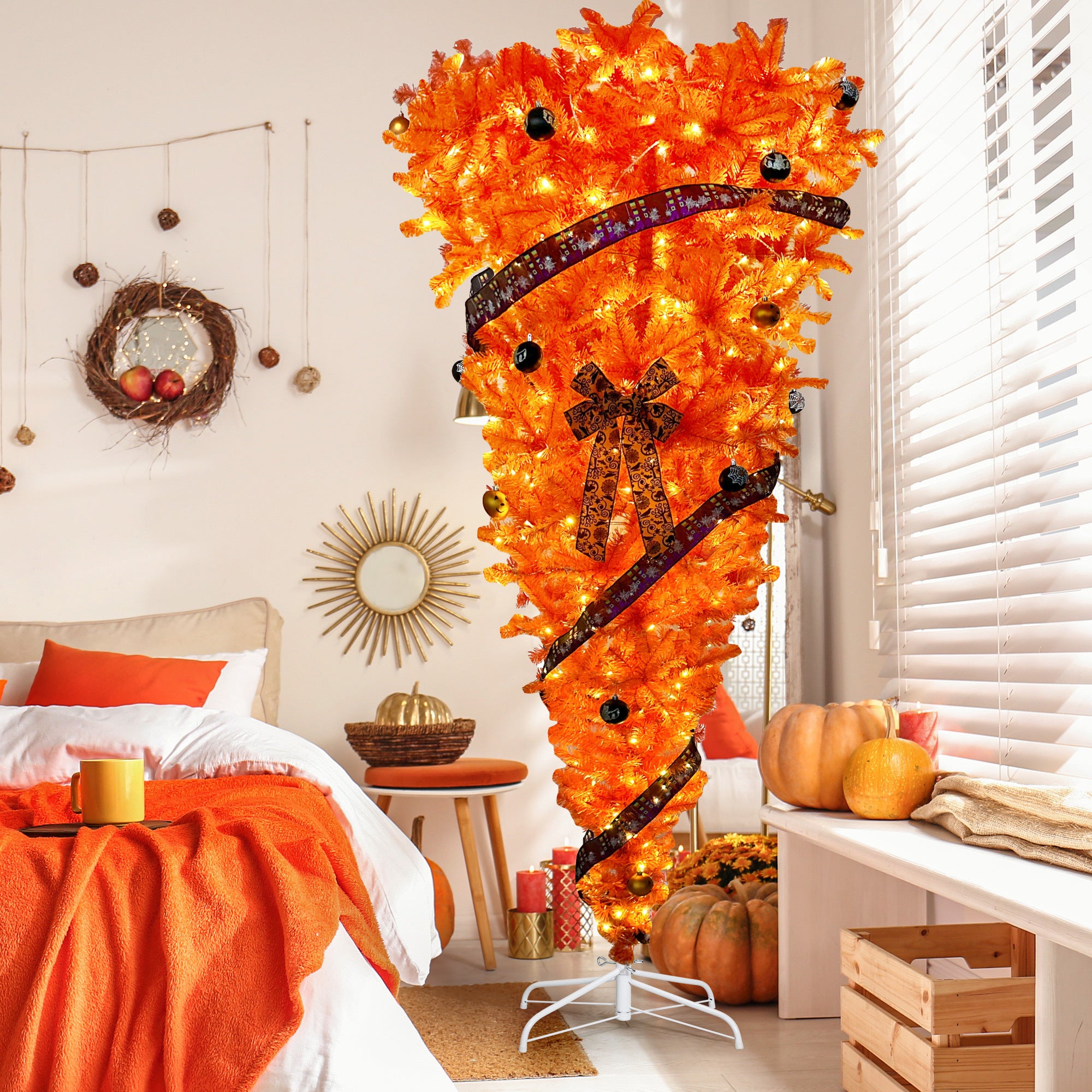 GO 7.5 FT Upside Down Christmas Tree: 300 LED Warm Lights, Halloween-themed Ornaments, Satin Ribbon - Orange Color