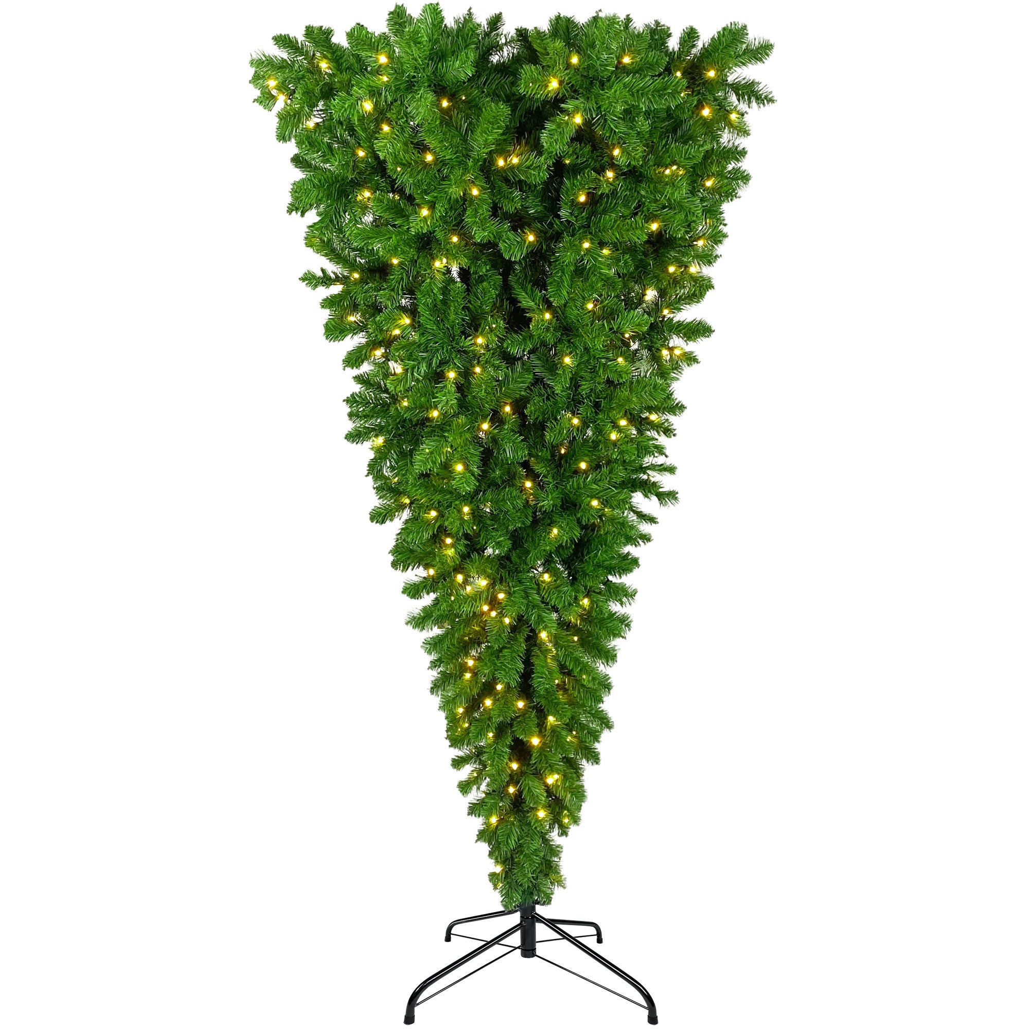 Upside Down Green Christmas Tree with LED Warm White Lights, Reinforced Metal Base, Easy Assembly - 6ft, 1,000 Branch Tips, 360 LED Lights X-mas