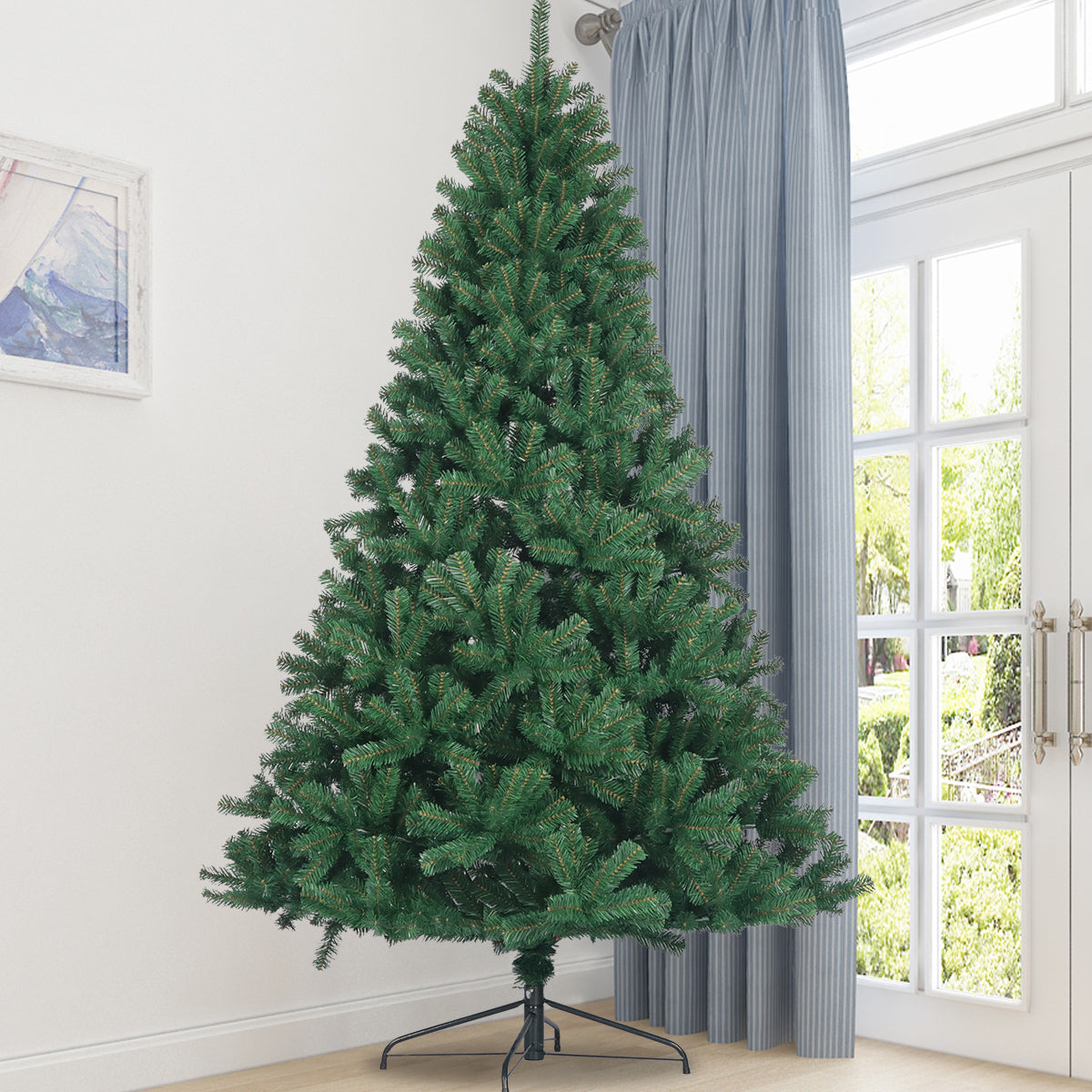 Artificial Christmas Tree: Full Natural Spruce PVC Fir, 7.5ft, Foldable Metal Stand, Unlit, Green