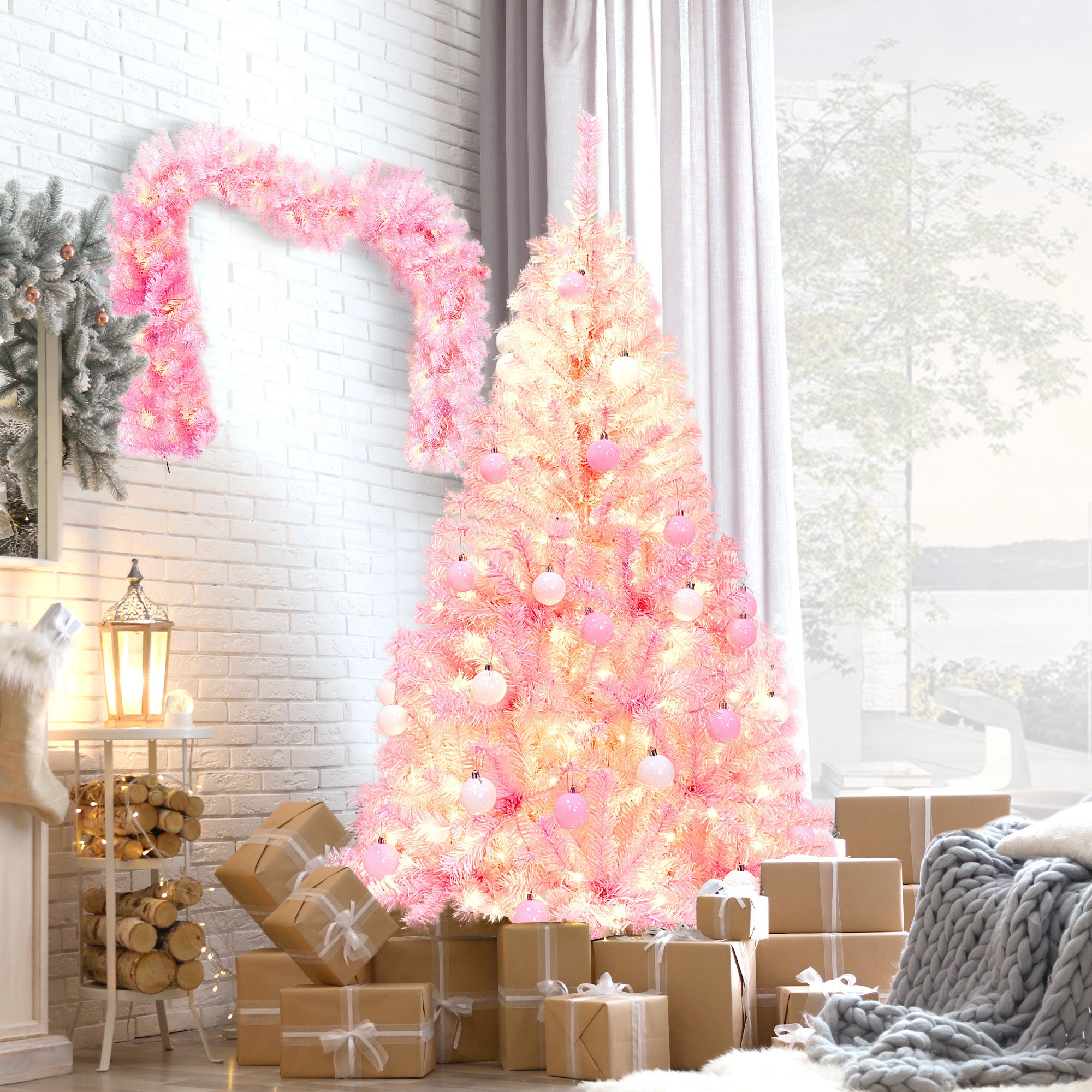 Pre-lit Artificial Christmas 2-Piece Set: 5FT Pink Tree with 6ft Garland X-mas - Festive and Convenient