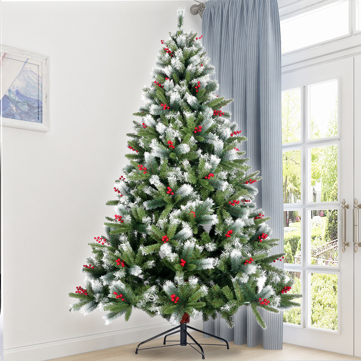 Artificial Christmas Tree Flocked Pine Needle Tree with Cones and Red Berries - 7.5 ft - Foldable Stand